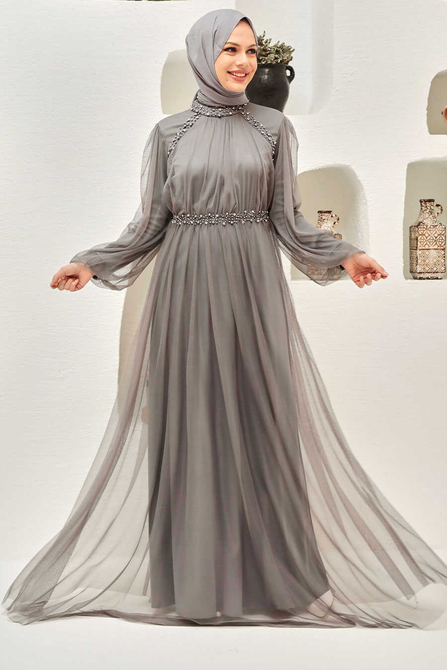 Neva Style - Plus Size Grey Islamic Clothing Engagement Dress 9170GR