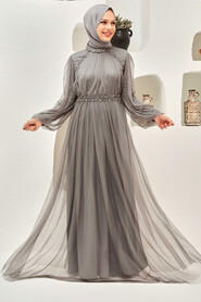 Neva Style - Plus Size Grey Islamic Clothing Engagement Dress 9170GR - Thumbnail