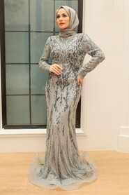 Grey Hijab Evening Dress 931GR - Thumbnail