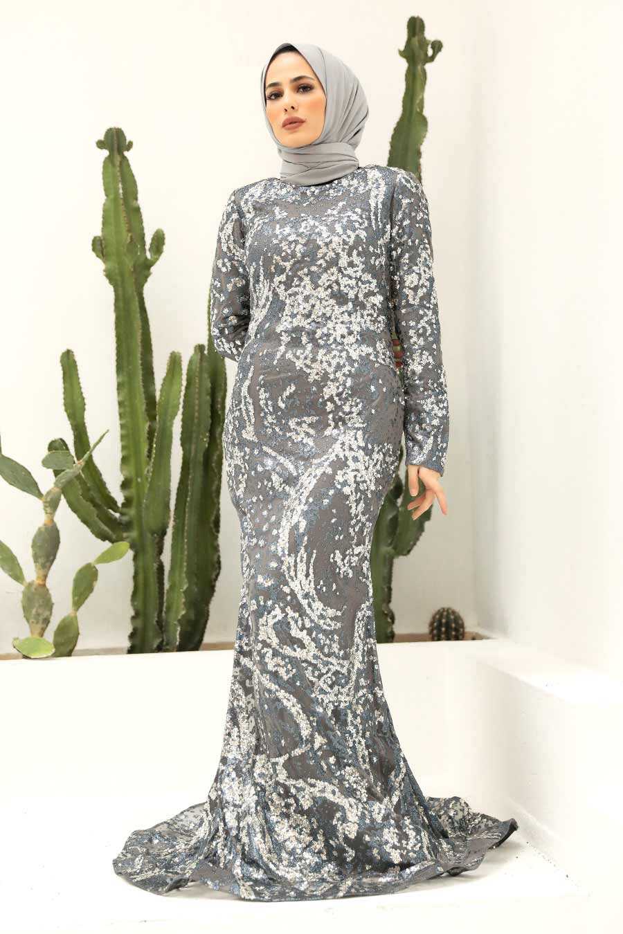 Grey Hijab Evening Dress 951GR