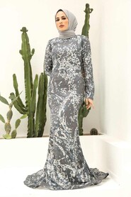 Grey Hijab Evening Dress 951GR - Thumbnail