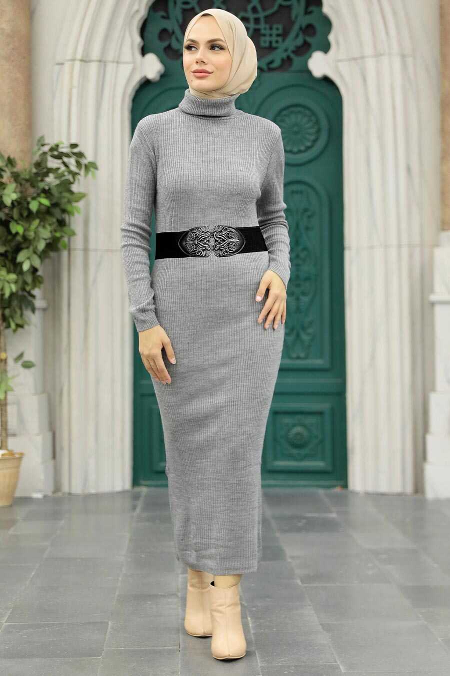 Grey Hijab Knitwear Dress 5248GR