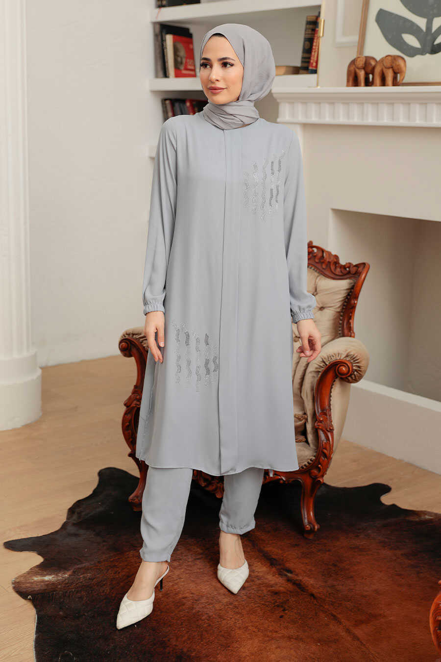Grey Hijab Suit Dress 13090GR