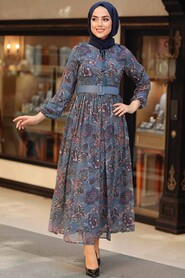 İndigo Blue Hijab Dress 11740IM - Thumbnail