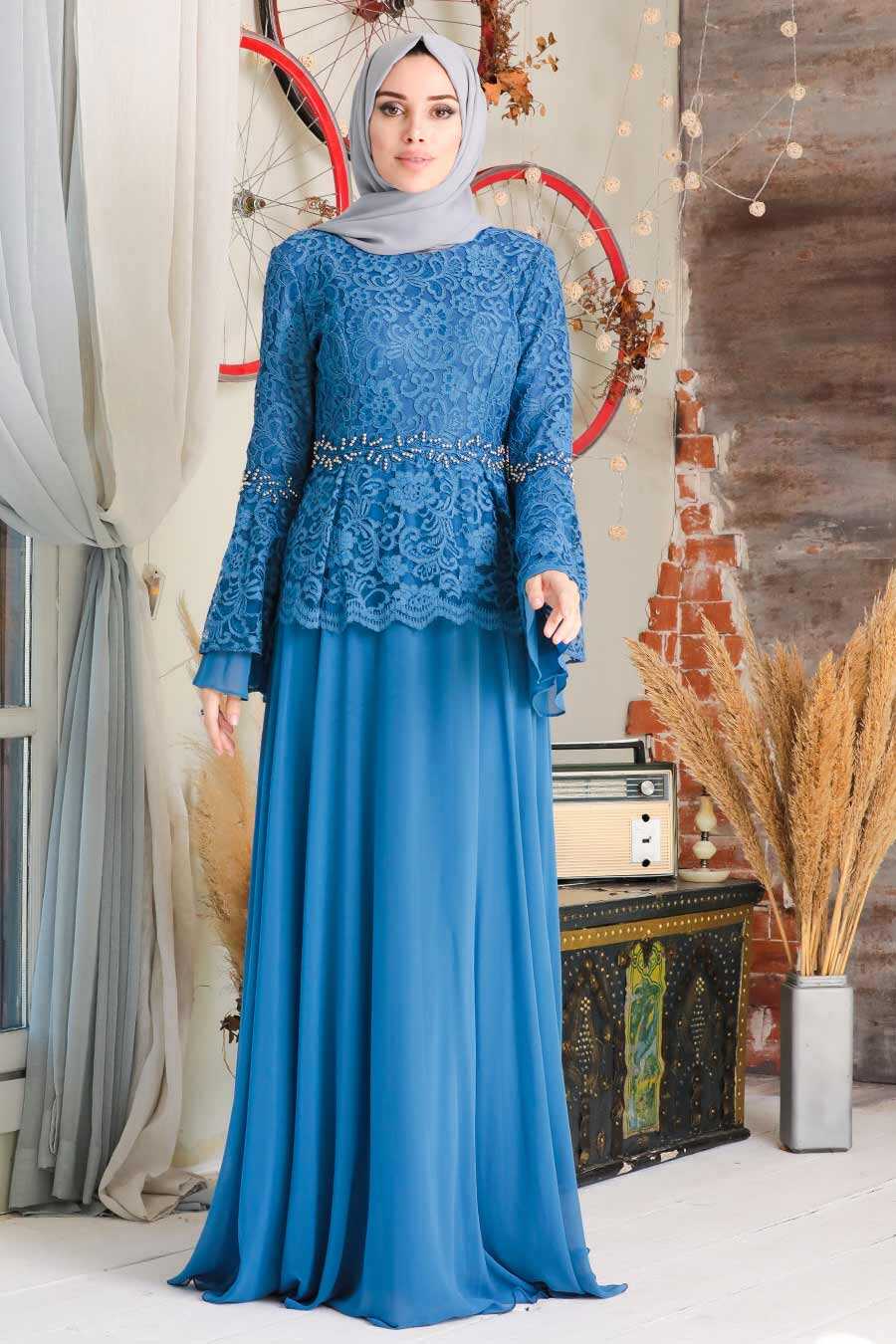 Neva Style - Long İndigo Blue Modest Wedding Dress 20671IM