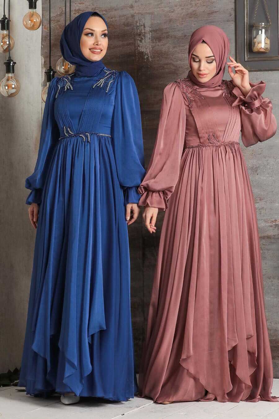İndigo Blue Hijab Evening Dress 21910IM