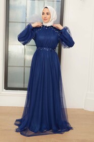 İndigo Blue Hijab Evening Dress 22041IM - Thumbnail