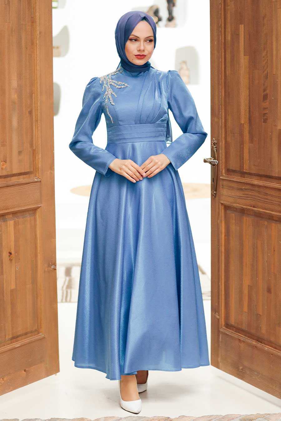 Neva Style - İndigo Blue Turkish Hijab Evening Dress 22301IM