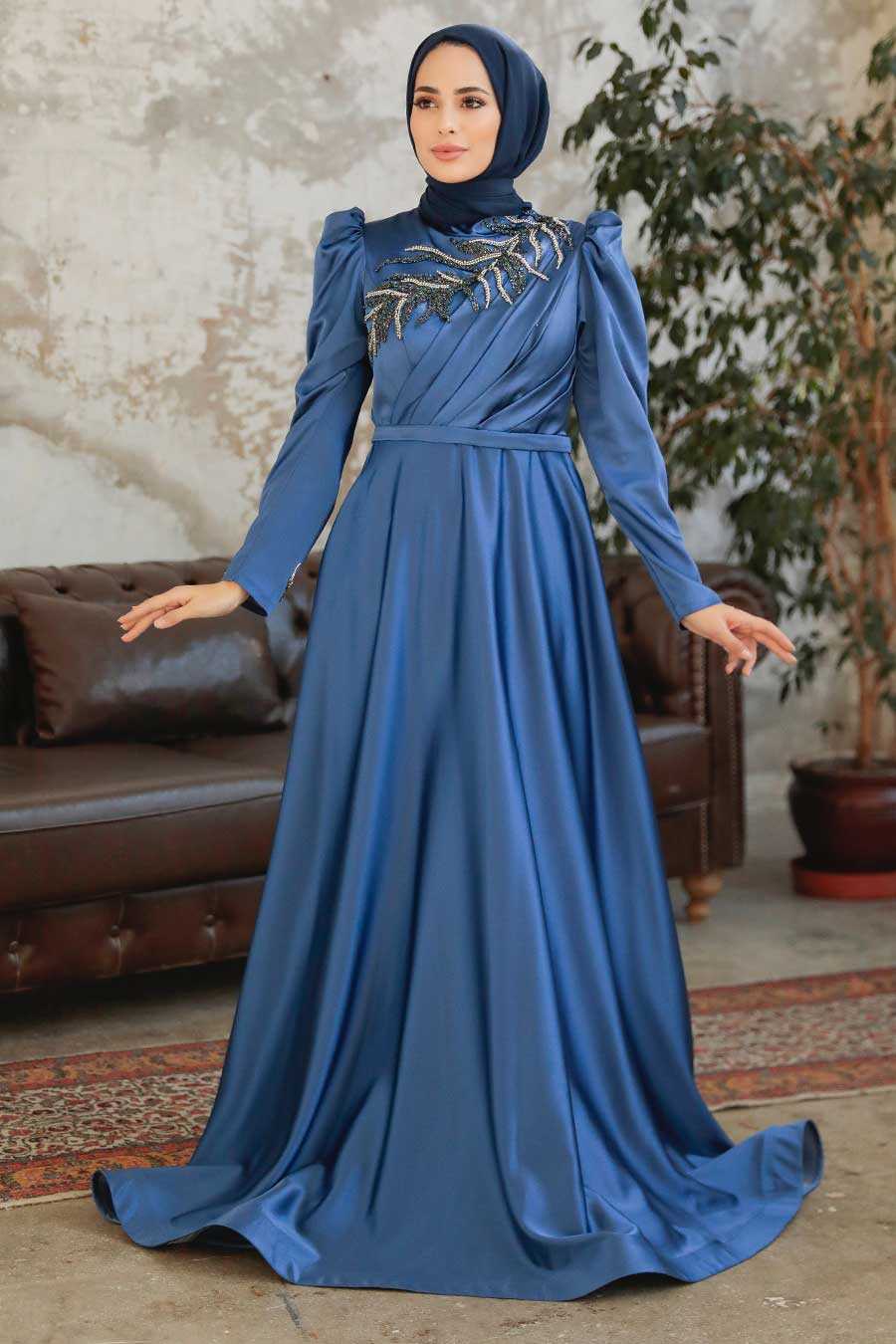 İndigo Blue Hijab Evening Dress 22401IM