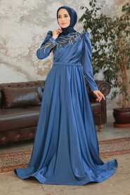 İndigo Blue Hijab Evening Dress 22401IM - Thumbnail