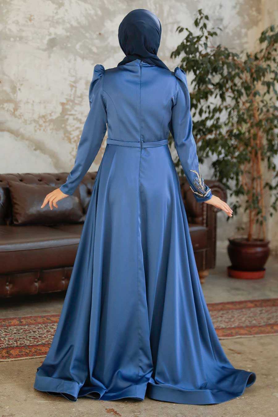 İndigo Blue Hijab Evening Dress 22401IM