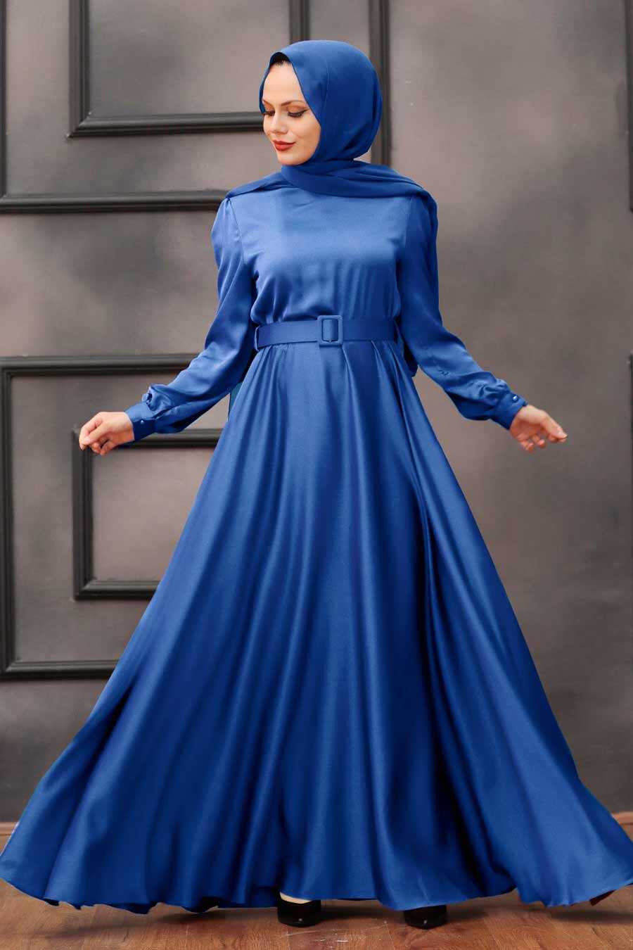 İndigo Blue Hijab Evening Dress 28890IM