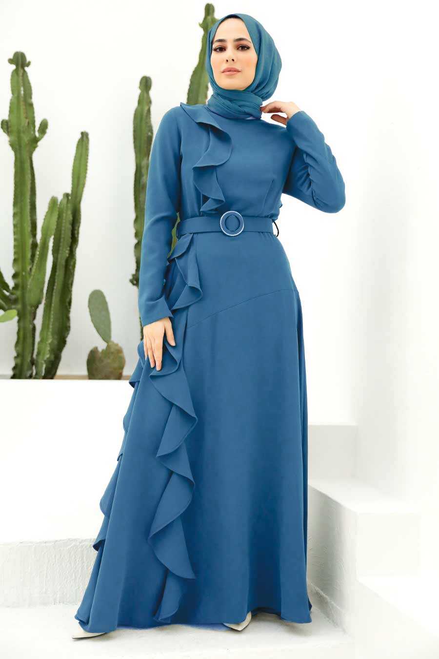 İndigo Blue Hijab Evening Dress 33010IM