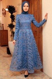 İndigo Blue Hijab Evening Dress 3330IM - Thumbnail