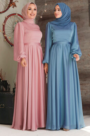 Neva Style - Elegant İndigo Blue Islamic Clothing Evening Gown 5215IM - Thumbnail