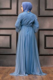 İndigo Blue Hijab Evening Dress 5383IM - Thumbnail