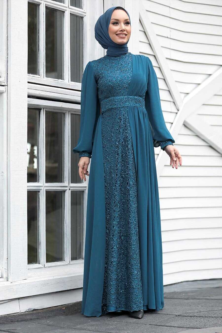 İndigo Blue Hijab Evening Dress 5408IM
