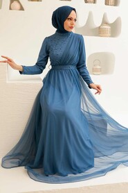 İndigo Blue Hijab Evening Dress 56641IM - Thumbnail