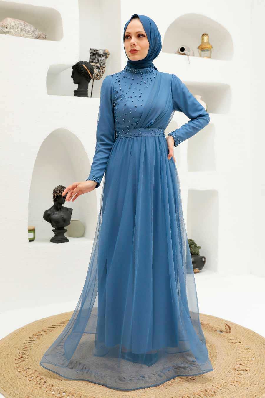 İndigo Blue Hijab Evening Dress 56641IM