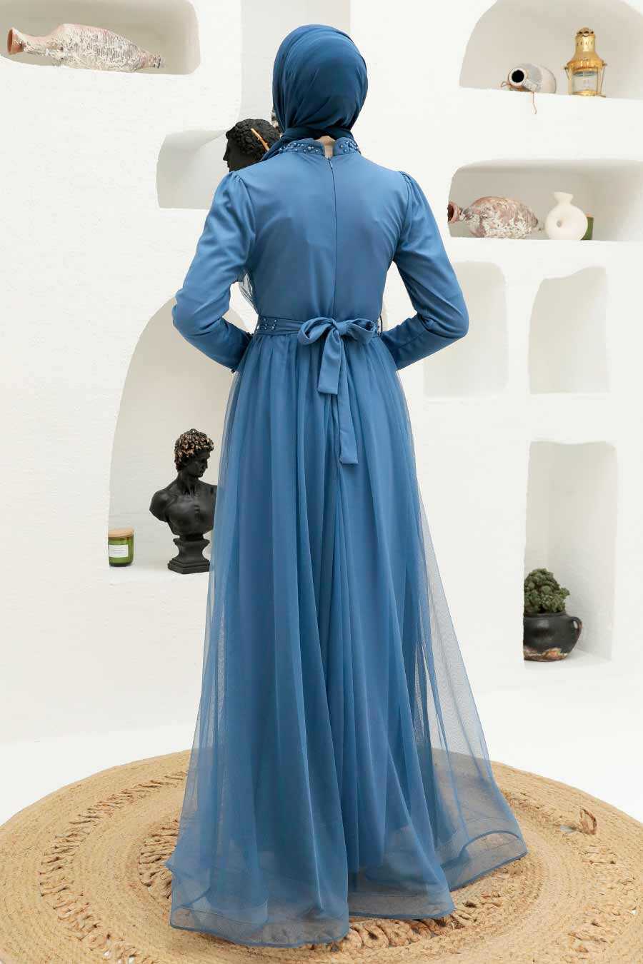 İndigo Blue Hijab Evening Dress 56641IM