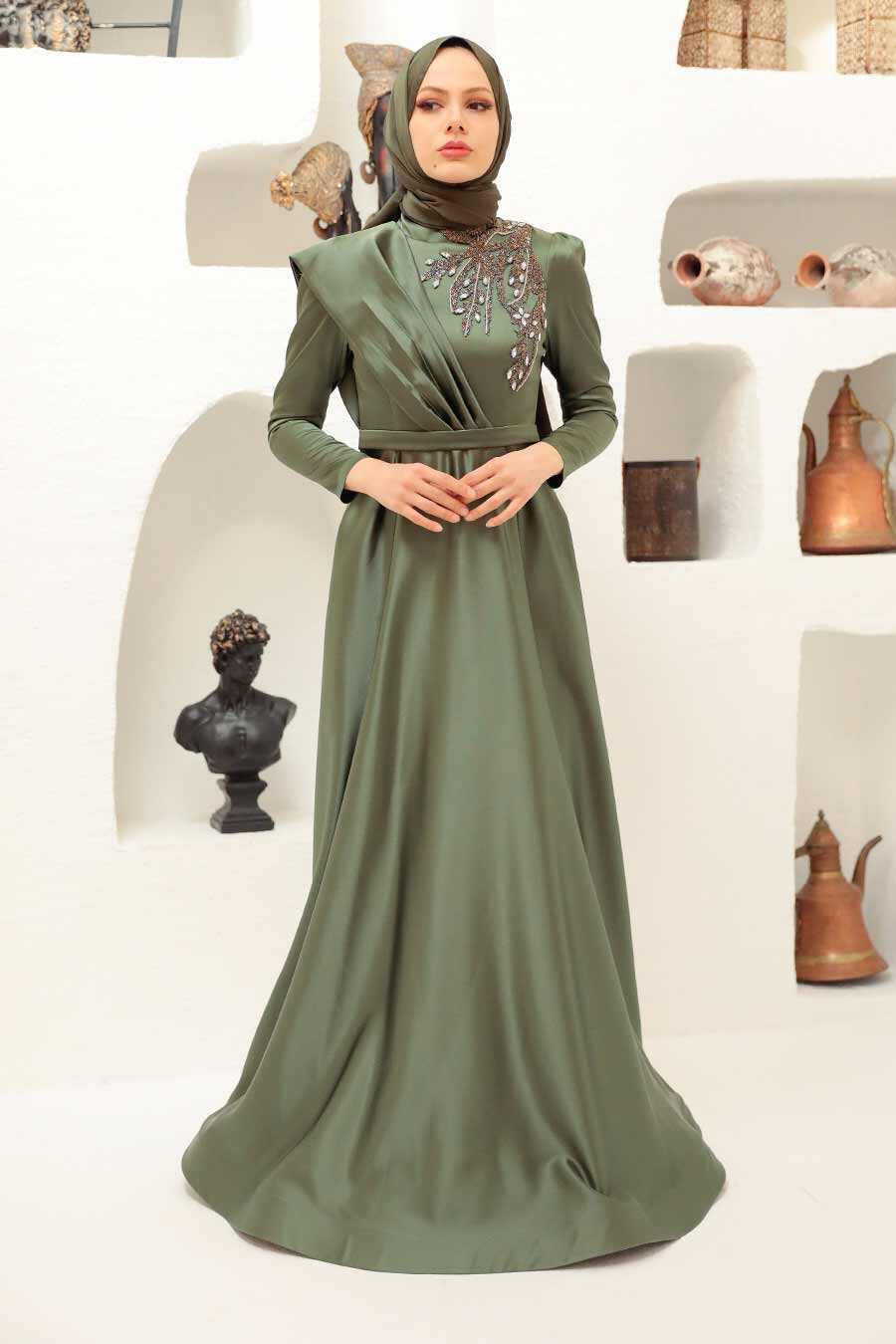 Khaki Hijab Evening Dress 22441HK