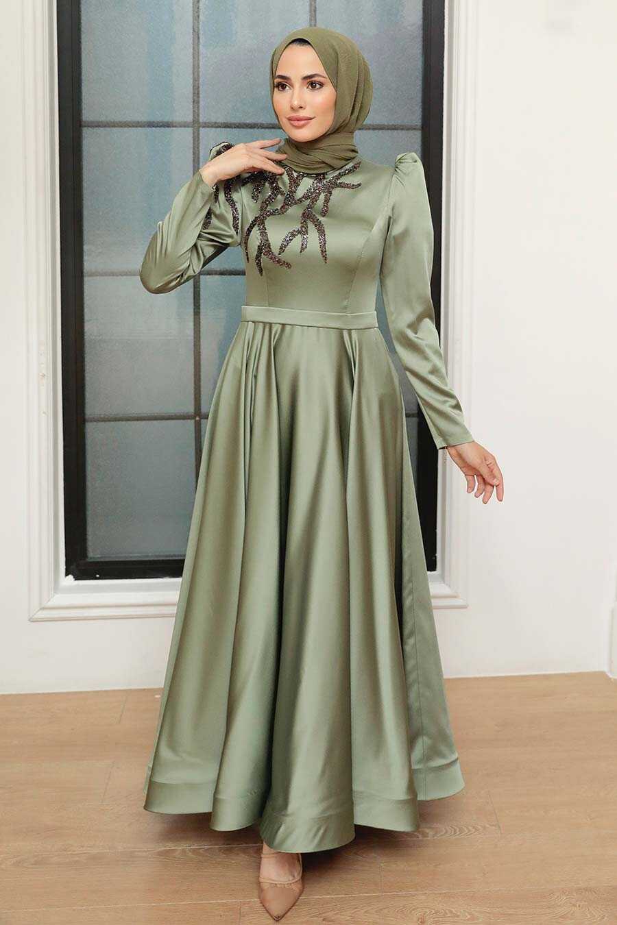 Khaki Hijab Evening Dress 22584HK
