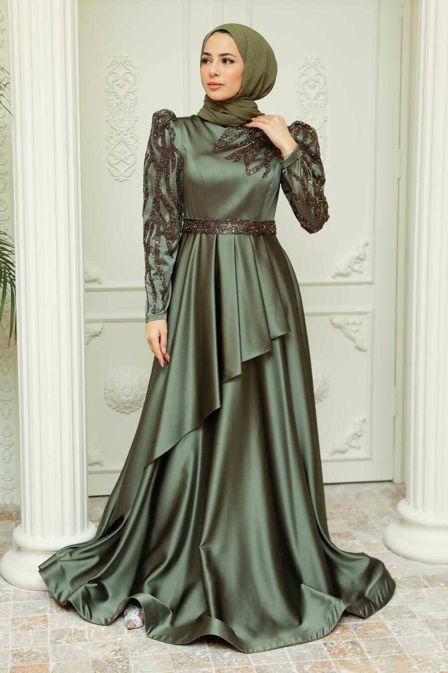 Khaki Hijab Evening Dress 22671HK