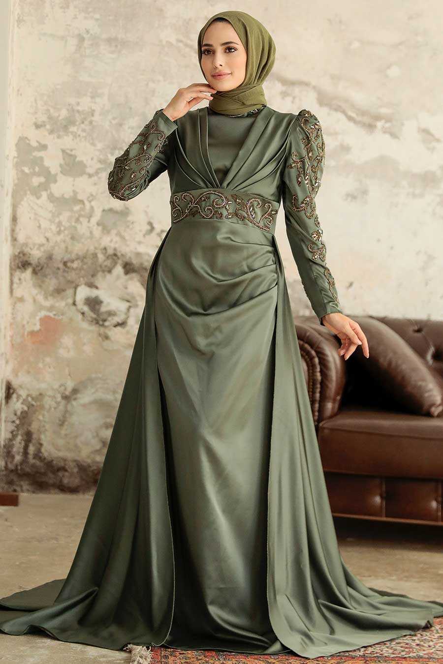Khaki Hijab Evening Dress 2282HK