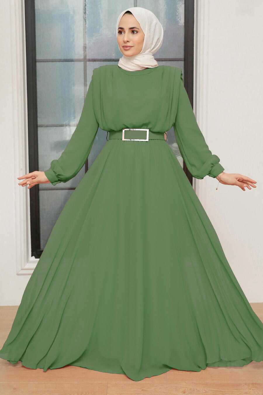 Khaki Hijab Evening Dress 36050HK