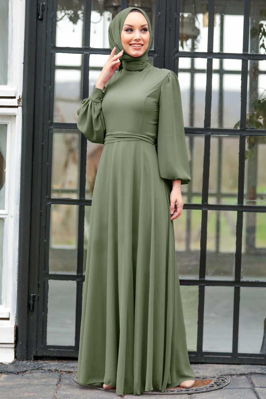 Khaki Hijab Evening Dress 5470HK