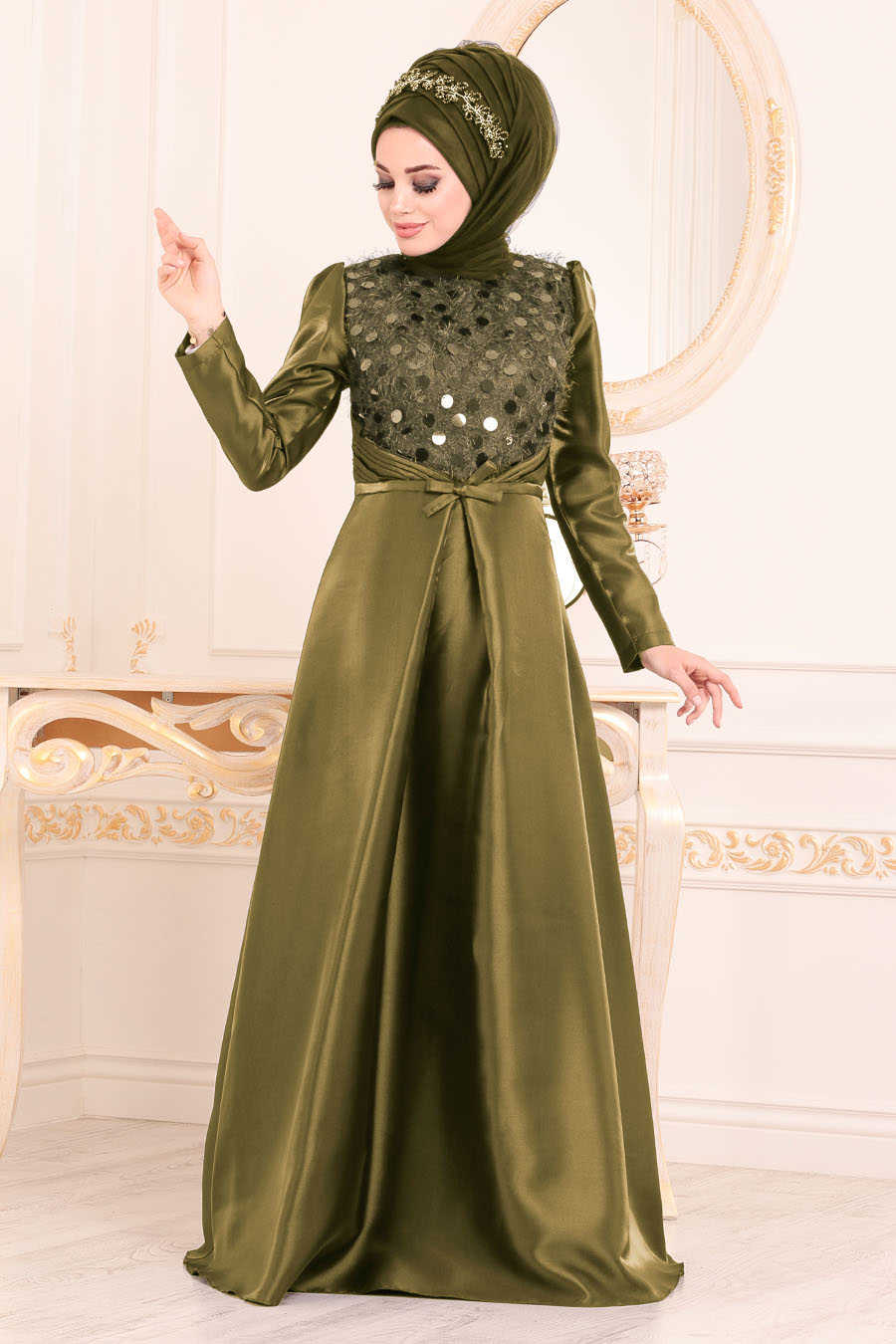 Khaki Hijab Evening Dress 3755HK