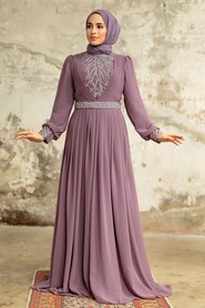 Neva Style - Elegant Lila Muslim Long Sleeve Dress 3773LILA - Thumbnail