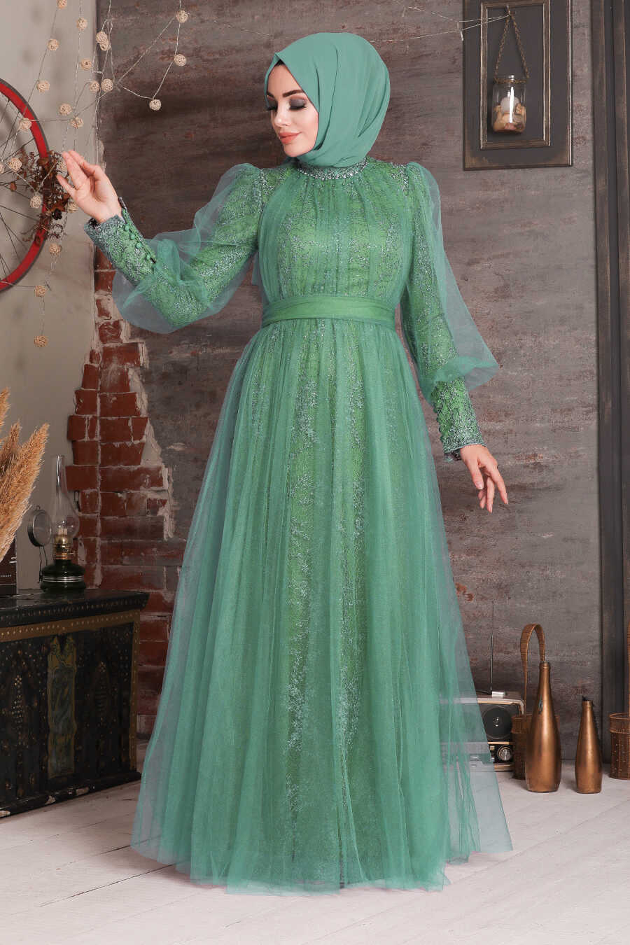 Mint Hijab Evening Dress 21691MINT