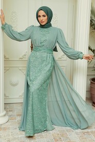 Mint Hijab Evening Dress 22071MINT - Thumbnail