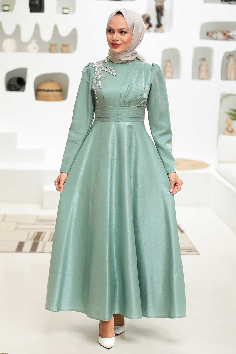 Neva Style - Mint Turkish Hijab Evening Dress 22301MINT