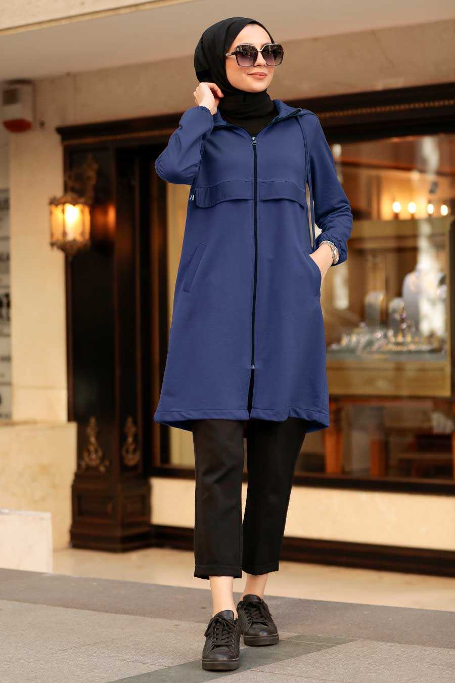 Navy Blue Hijab Coat 7148L