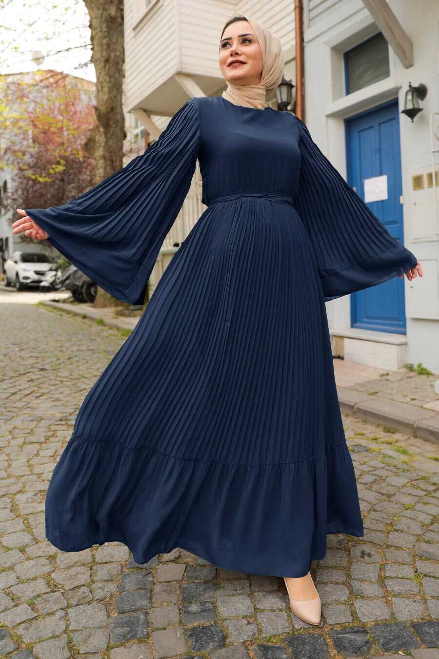 Navy Blue Hijab Dress 2884L