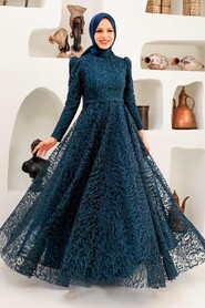 Navy Blue Hijab Evening Dress 22343L - Thumbnail