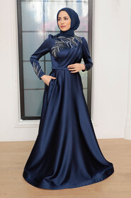 Navy Blue Hijab Evening Dress 22401L - Thumbnail