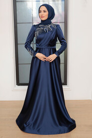 Navy Blue Hijab Evening Dress 22401L - Thumbnail