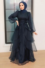 Navy Blue Hijab Evening Dress 22480L - Thumbnail