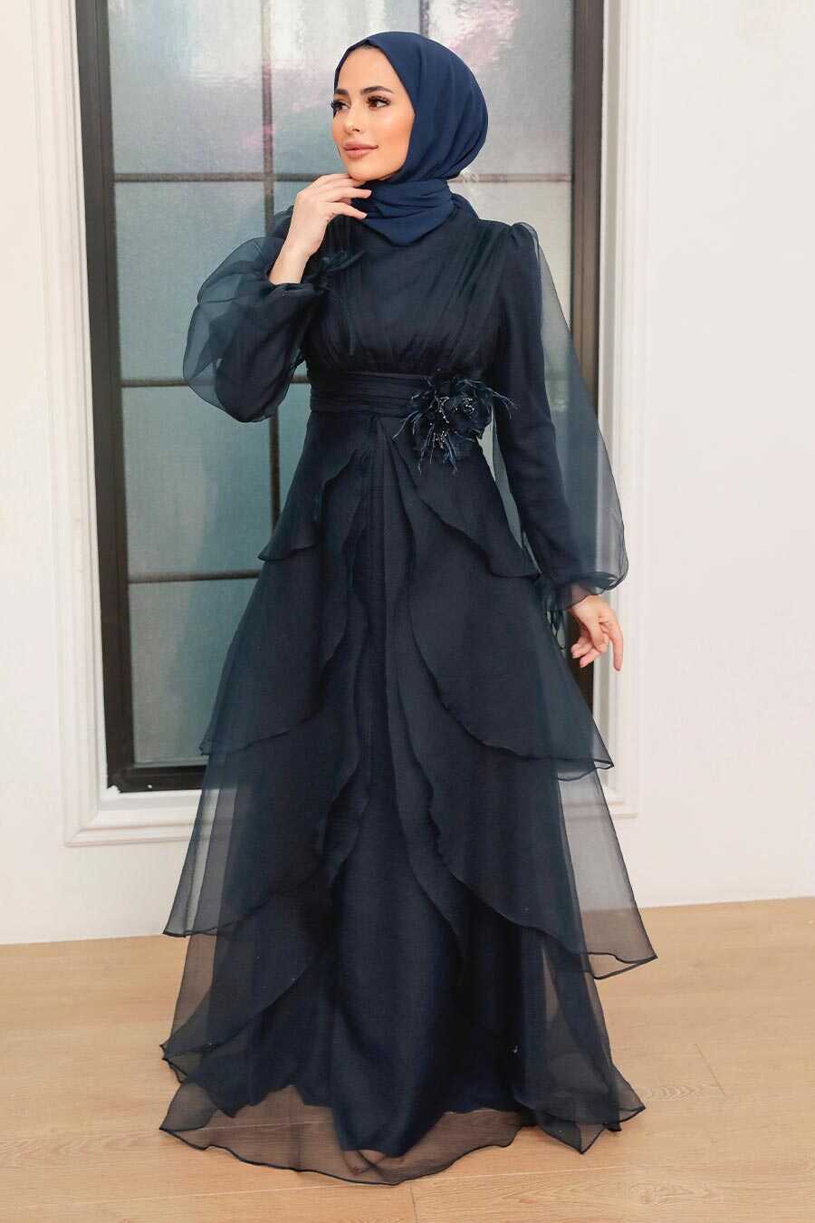 Navy Blue Hijab Evening Dress 22480L