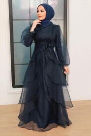 Navy Blue Hijab Evening Dress 22480L - Thumbnail