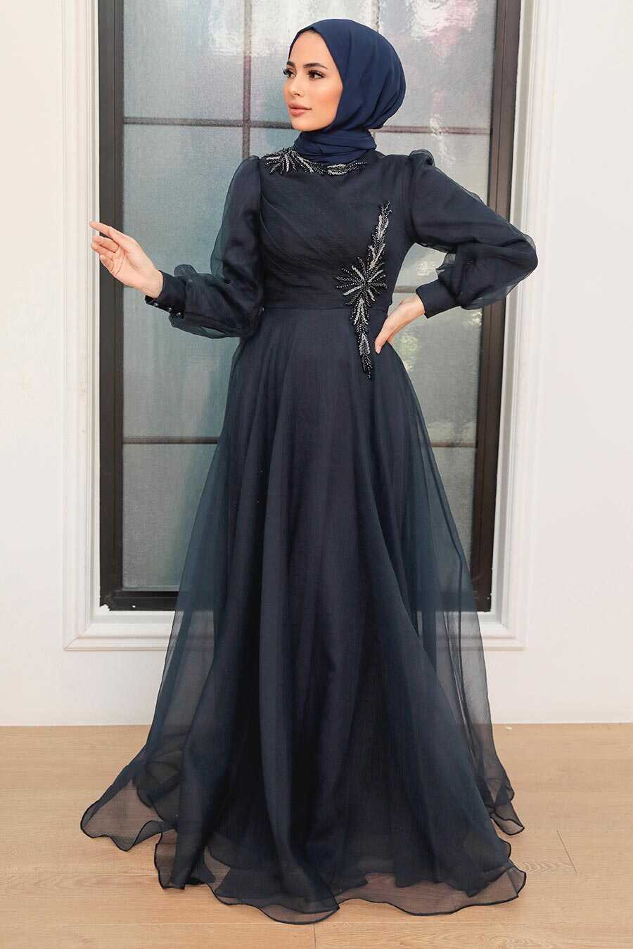 Navy Blue Hijab Evening Dress 22551L