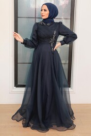 Navy Blue Hijab Evening Dress 22551L - Thumbnail