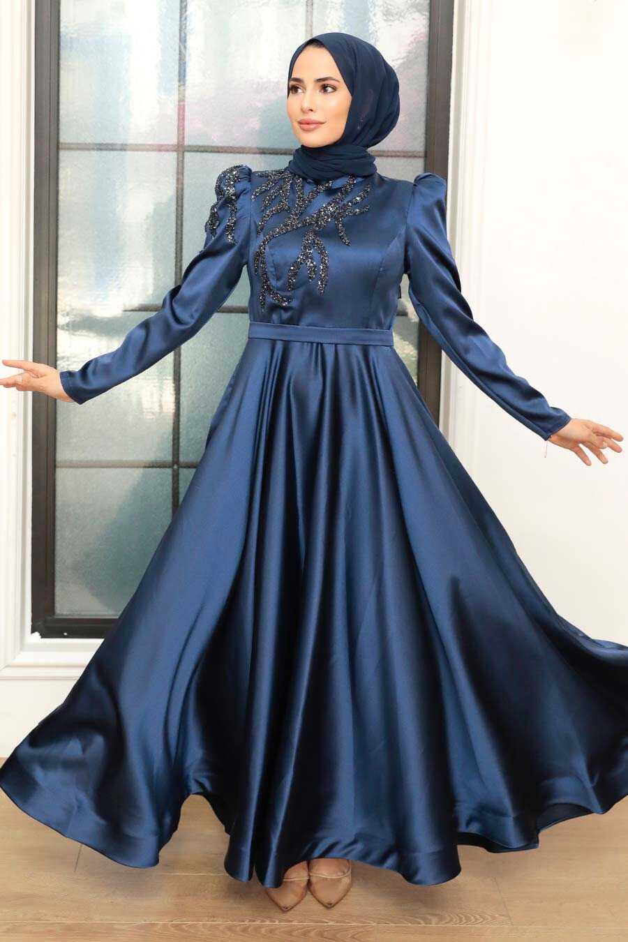 Navy Blue Hijab Evening Dress 22584L
