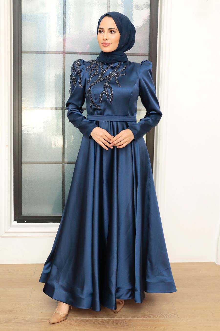 Navy Blue Hijab Evening Dress 22584L