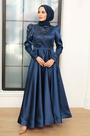 Navy Blue Hijab Evening Dress 22584L - Thumbnail