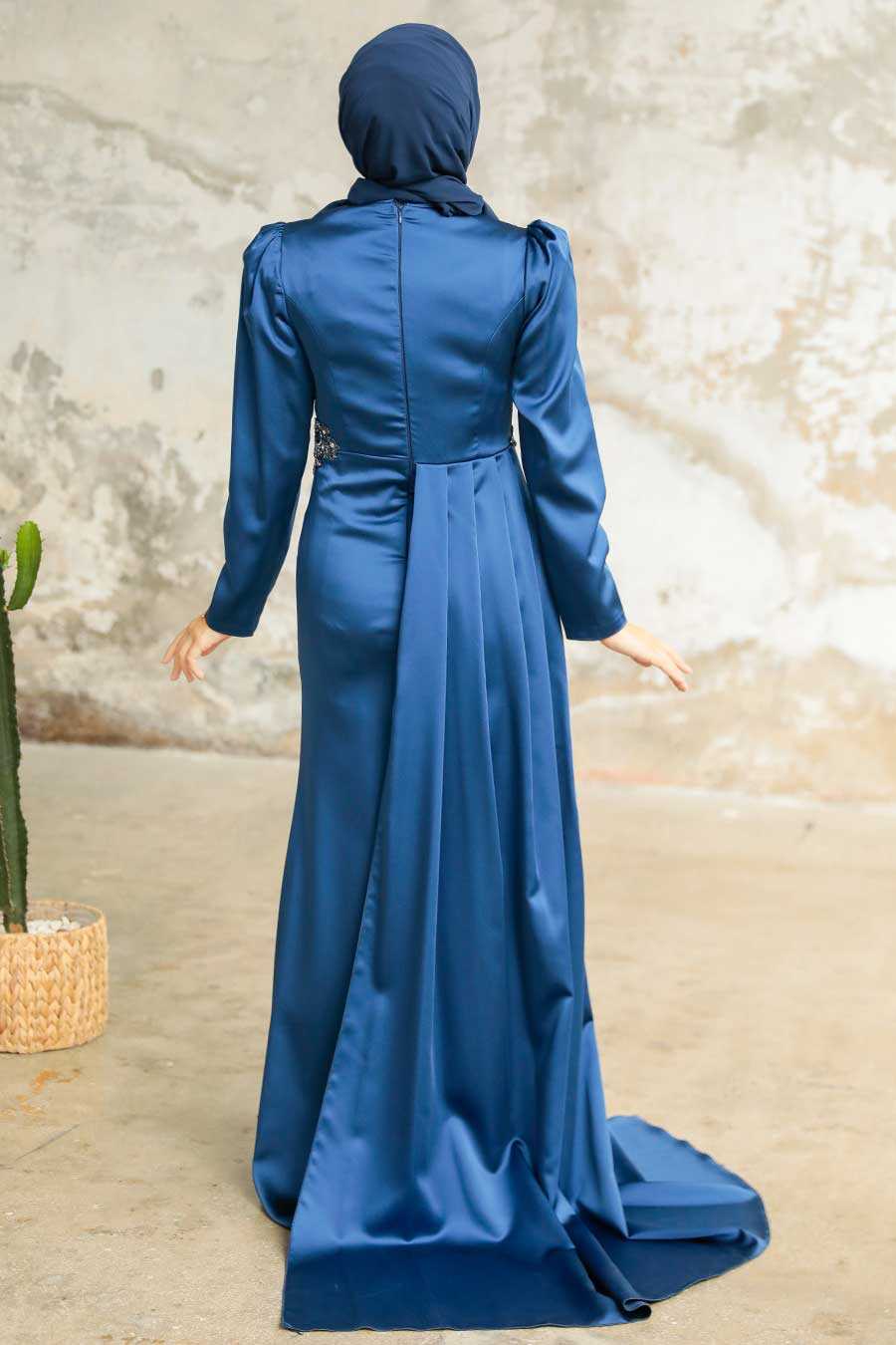 Navy Blue Hijab Evening Dress 22830L