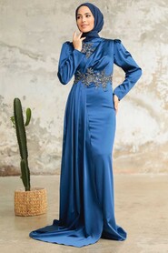 Navy Blue Hijab Evening Dress 22830L - Thumbnail